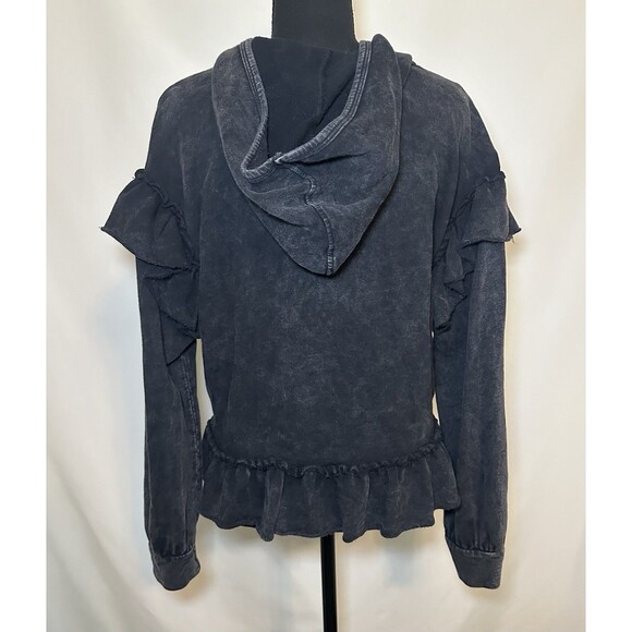 Anthropologie T. la Charcoal Ruffle Arm Hem V-Neck Hoodie Sweater Women's MEDIUM - Picture 3 of 8